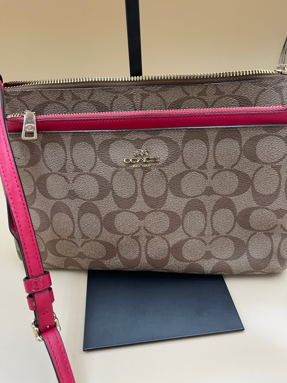 Coach Brown Signature Crossbody with Pink Trim and Removable Pouch Gold Zip - Picture 10 of 10
